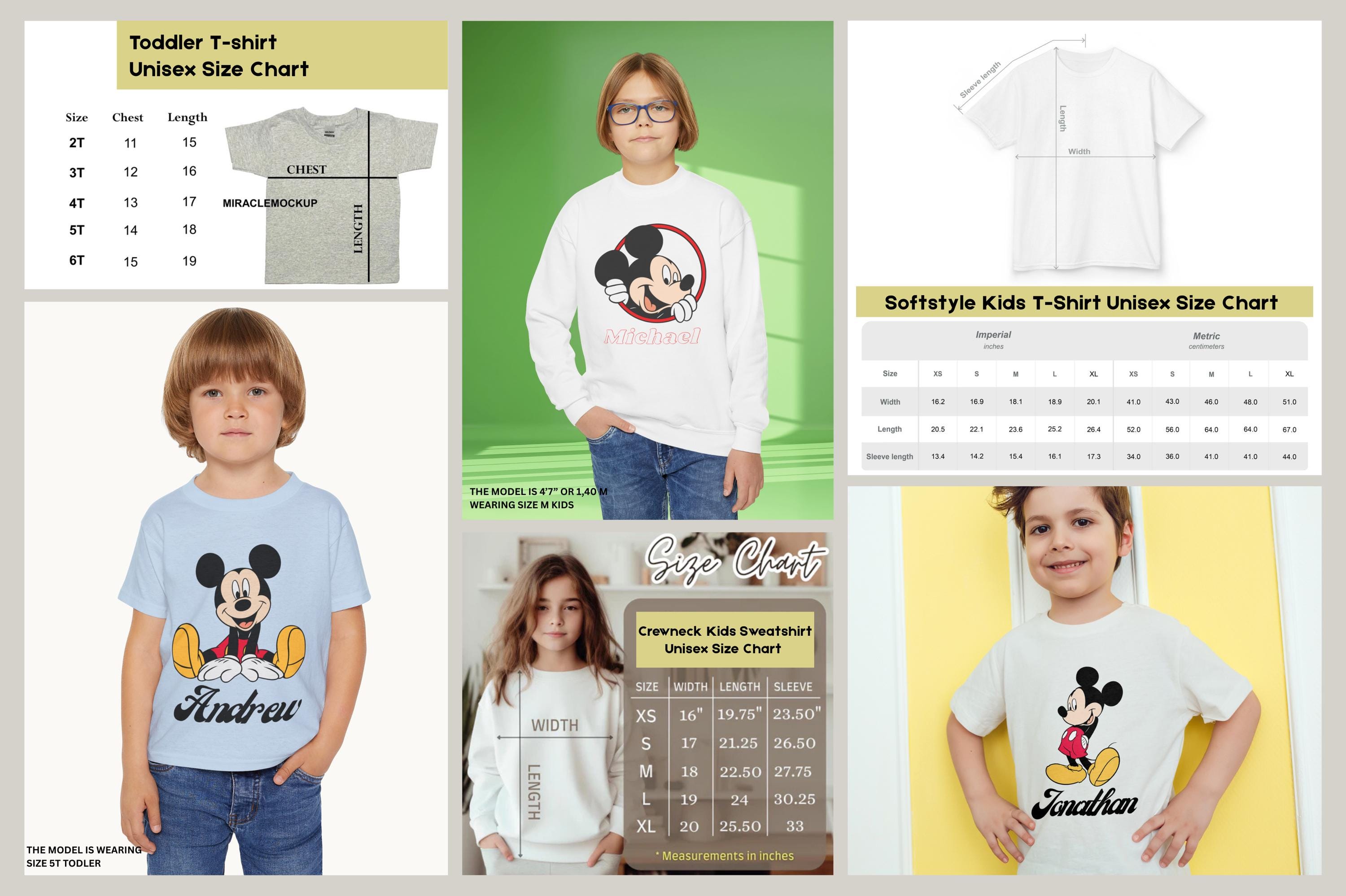 The image is a collage of various images related to children's clothing, including a toddler T-shirt chart, a child wearing a Mickey Mouse sweatshirt, and a child posing for a photo.