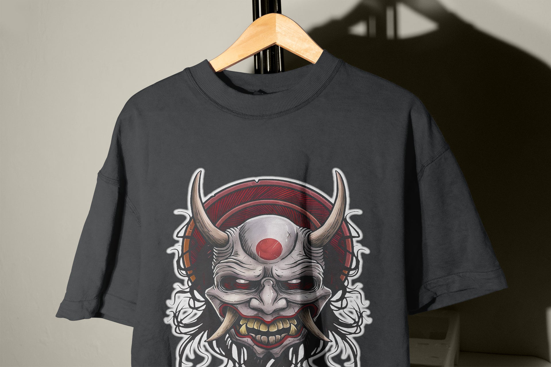 Demonic Japanese Mask T-Shirt – Oni Horns Red Sun Shirt