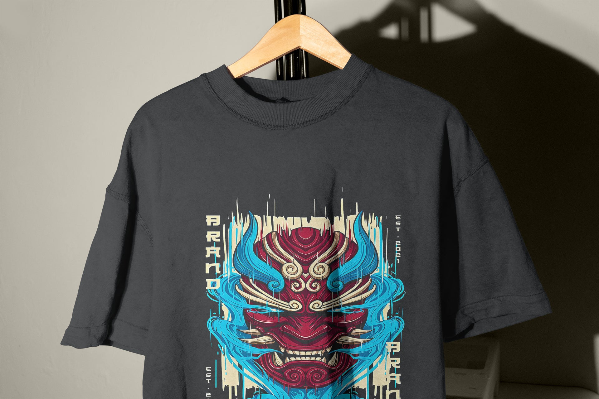 Oni Mask T-Shirt – Blue Flames Graphic T-Shirt